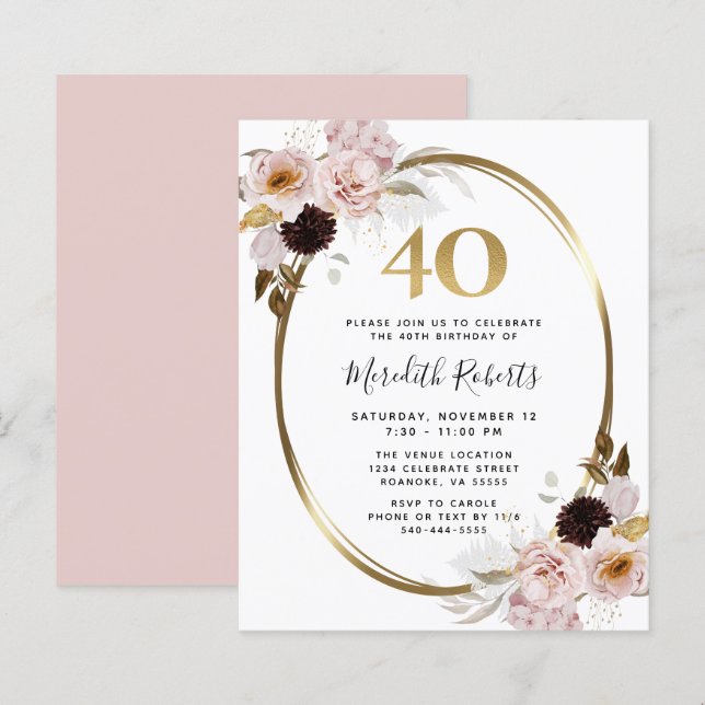 Budget 40th Birthday Roses Gold Foil Party Invite (Front/Back)
