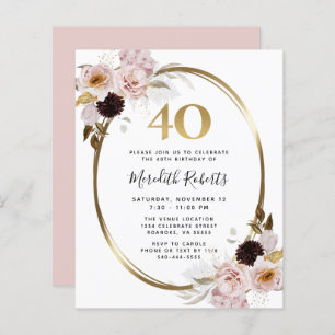 Budget 40th Birthday Roses Gold Foil Party Invite