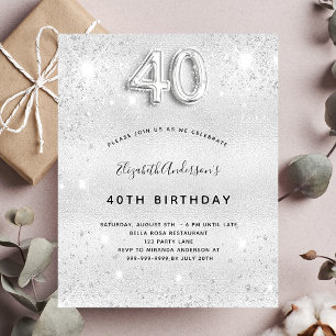 Budget 40th birthday silver glitter invitation
