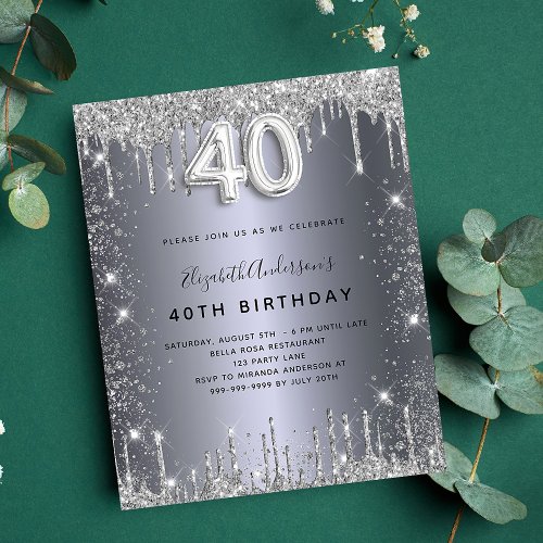 Budget 40th birthday silver glitter invitation