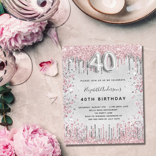 Budget 40th birthday silver pink invitation