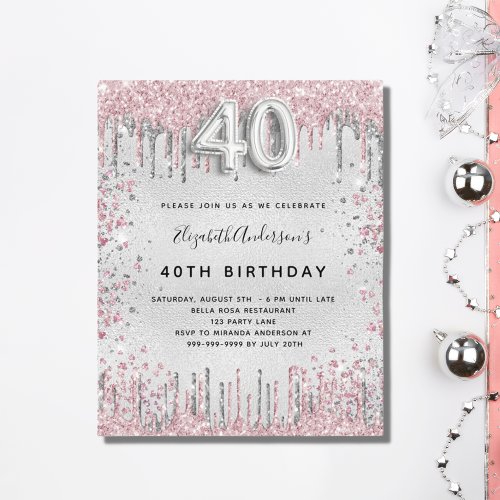 Budget 40th birthday silver pink invitation