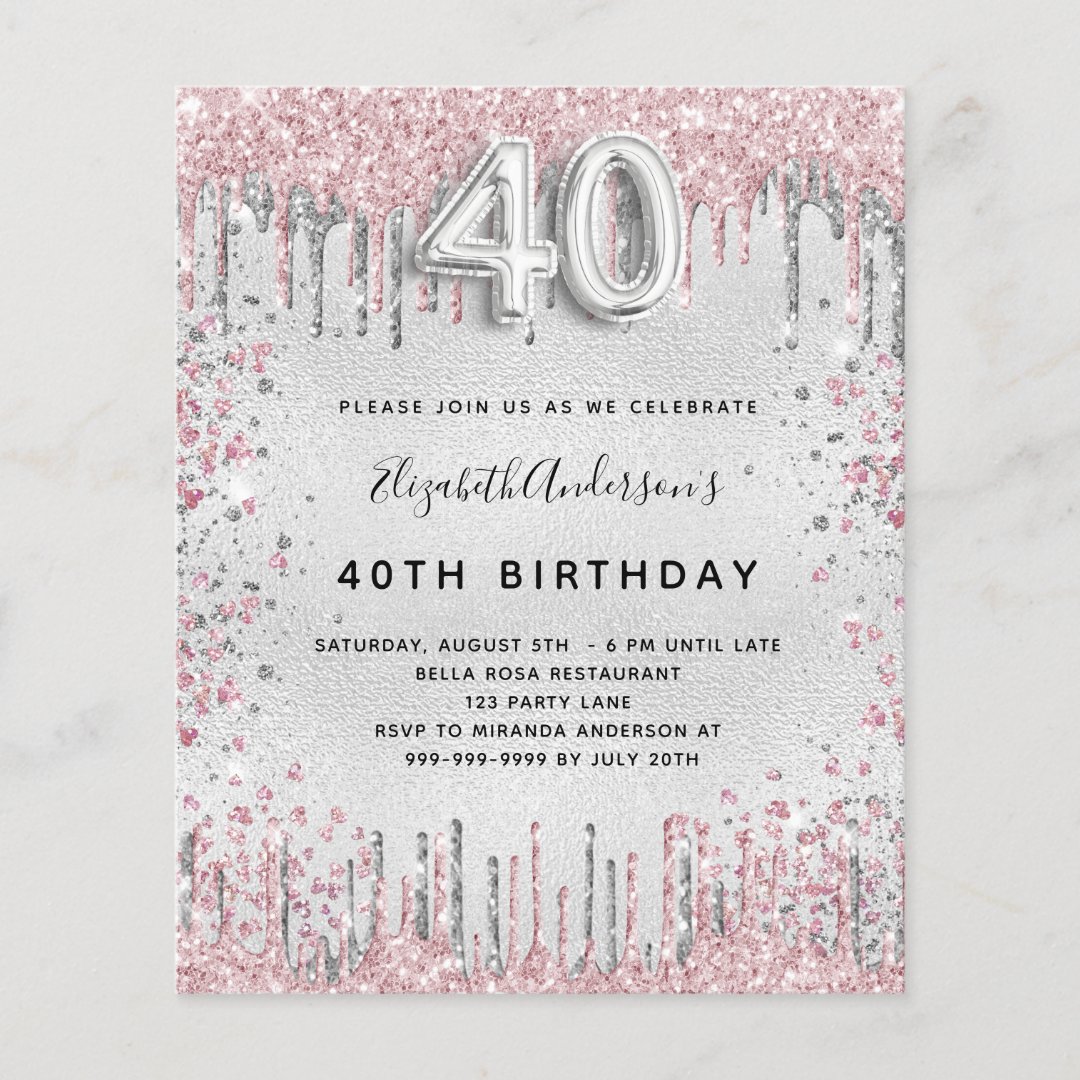 Budget 40th birthday silver pink invitation | Zazzle