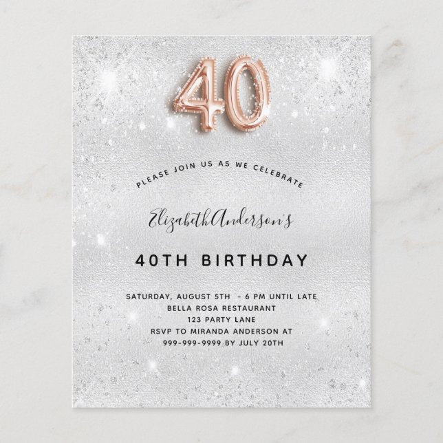 Budget 40th birthday silver rose gold invitation (Front)