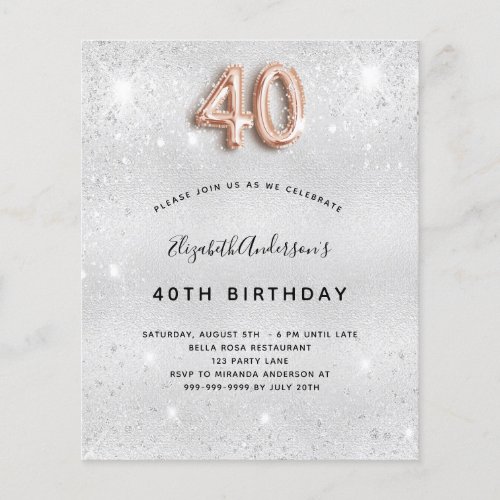 Budget 40th birthday silver rose gold invitation