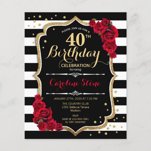 Budget 40th Birthday _ Stripes Roses Invitation Flyer