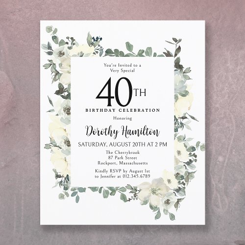 Budget 40th Birthday White Floral Invitation