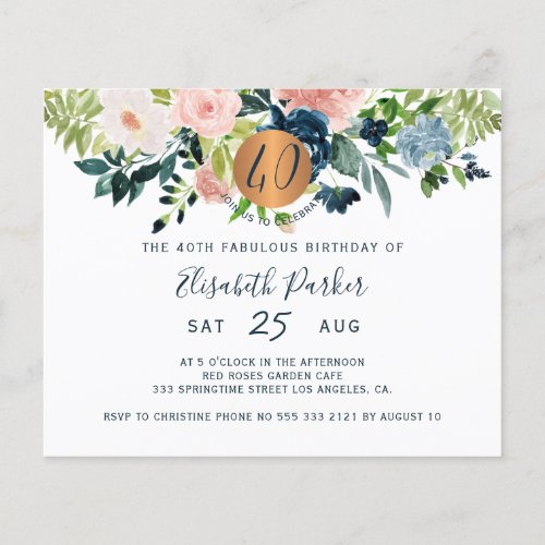 Budget 40th floral birthday party Invitation Flyer