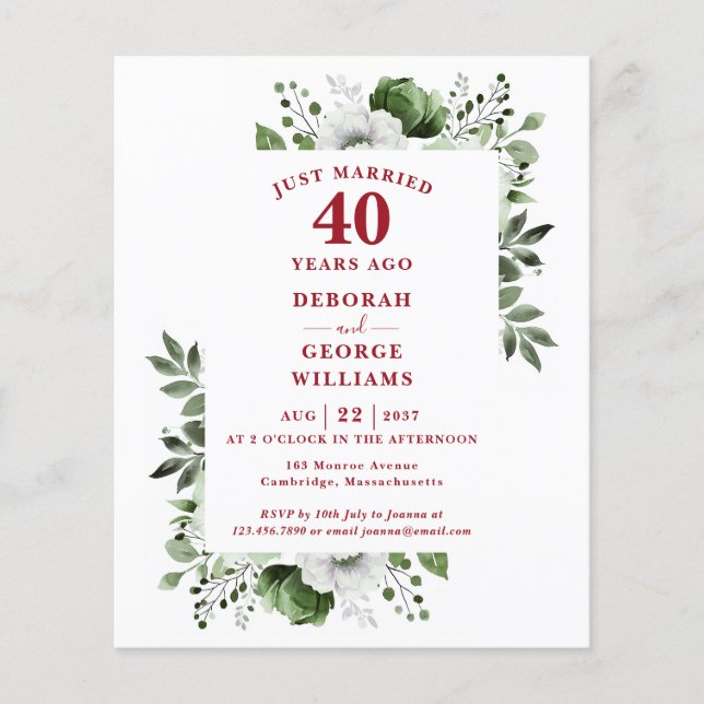 Budget 40th Wedding Anniversary Floral Invitation (Front)