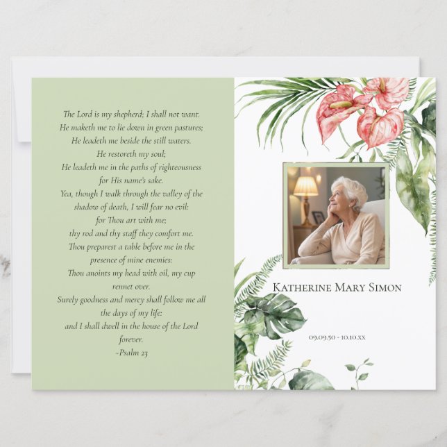 Budget 4-Page Green Funeral Program Photo Layout (Front)