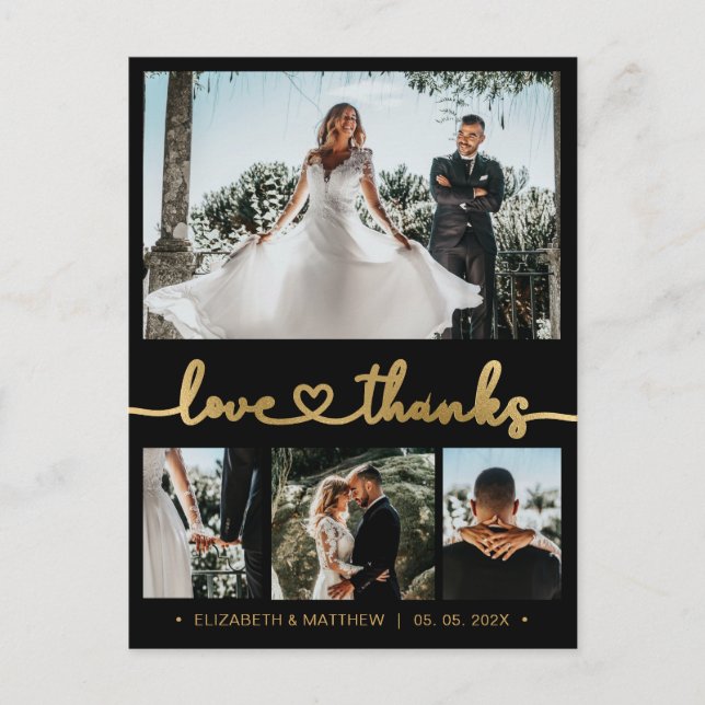 Budget 4 Photo Black Gold Wedding Thank You  Postcard (Front)