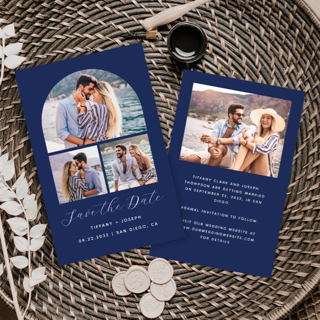 Budget 4 Photo Collage Arch Navy Save the Date (Creator Uploaded)