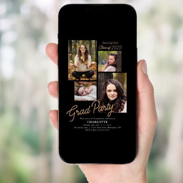 Budget 4 Photo Collage Black Graduation Party  Invitation (Front Digital)