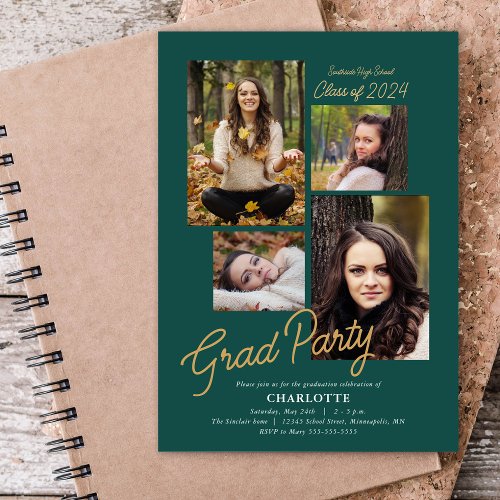 Budget 4 Photo Collage Jade Green Graduation Party Invitation