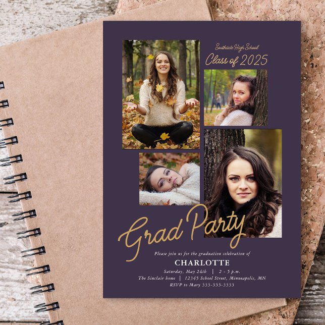 Budget 4 Photo Collage Purple Graduation Party Invitation (Creator Uploaded)