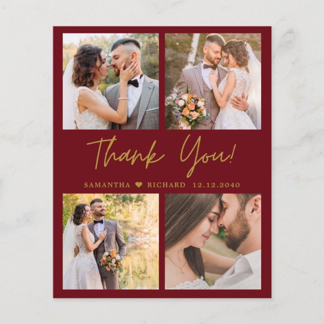 Budget 4 Photo Maroon Gold Wedding Thank You Card (Front)
