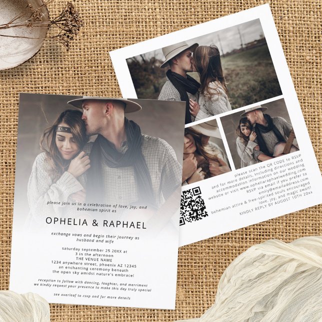 Budget 4 Photos Overlay QR Code Bohemian Wedding  (Front and back view)
