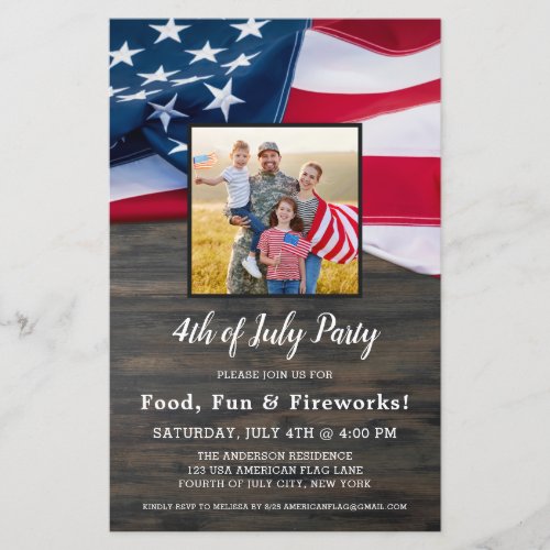 Budget 4th Of July Party American Flag Photo Invit - USA American Flag 4th of July Party Invitations. Invite friends and family to your patriotic fourth of July celebration with these modern American Flag invitations. Personalize this american flag invitation with your event, name, photo,and party details.
See our collection for matching patriotic 4th of July gifts ,party favors, and supplies. COPYRIGHT © 2021 Judy Burrows, Black Dog Art - All Rights Reserved. Budget 4th Of July Party American Flag Photo Invitation 