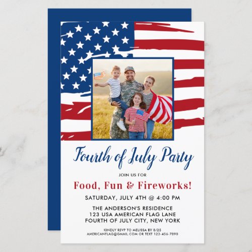 Budget 4th Of July Party Family Photo Invitation  - USA American Flag 4th of July Party Invitations. Invite friends and family to your patriotic fourth of July celebration with these modern American Flag invitations. Personalize this american flag invitation with your event, name, photo, and party details.
See our collection for matching patriotic 4th of July gifts ,party favors, and supplies. COPYRIGHT © 2021 Judy Burrows, Black Dog Art - All Rights Reserved. Budget 4th Of July Party Family Photo Invitation 