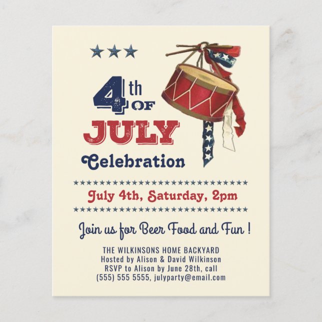 BUDGET 4th of JULY Vintage Drum Party Invitation (Front)