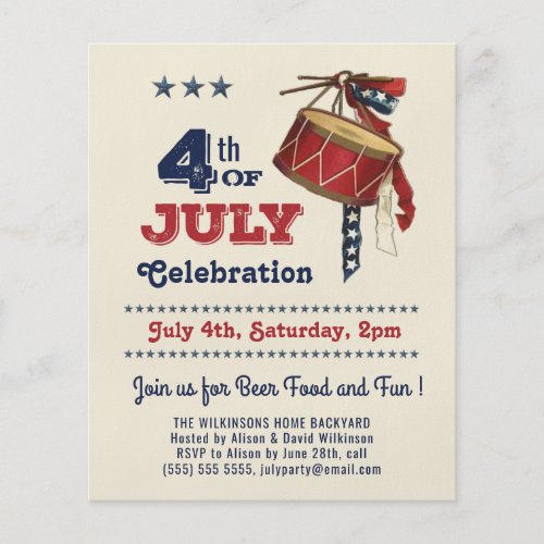 BUDGET 4th of JULY Vintage Drum Party Invitation Flyer