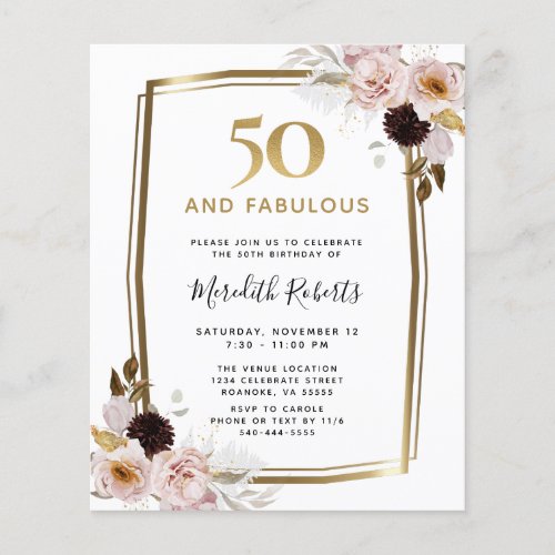 Budget 50 and Fabulous Floral Birthday Invitation