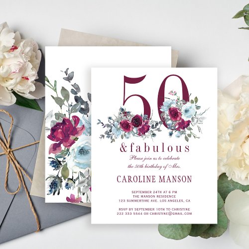 Budget 50 and fabulous floral birthday invitation