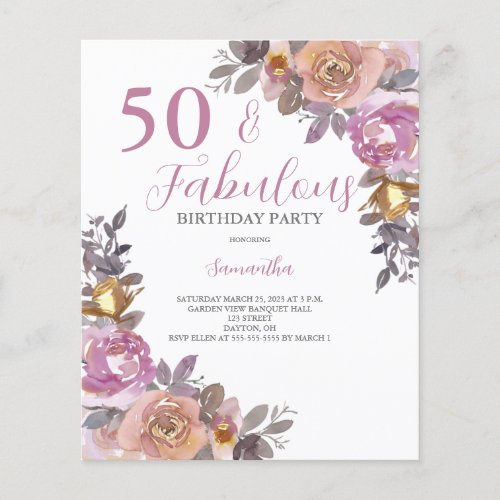 Budget 50 and Fabulous Floral Birthday Invitation Flyer