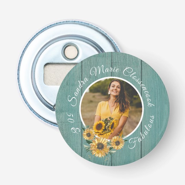 Budget 50 and Fabulous | Sunflower Teal Birthday   Bottle Opener (Front)