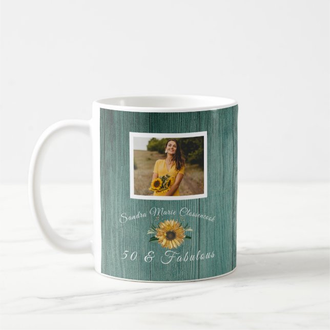 Budget 50 and Fabulous | Sunflower Teal Birthday  Coffee Mug (Left)