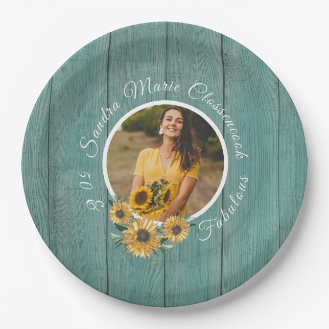 Budget 50 and Fabulous | Sunflower Teal Birthday  Paper Plates (Front)