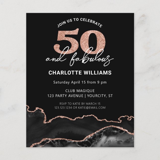 Budget 50 Fabulous Rose Glitter Birthday Invite (Front)