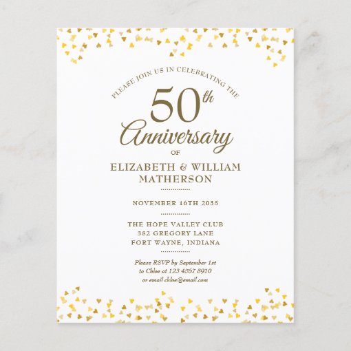 Budget 50th Anniversary Gold Hearts Invitation | Zazzle