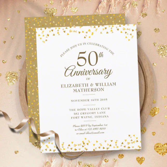 Budget 50th Anniversary Gold Hearts Invitation | Zazzle