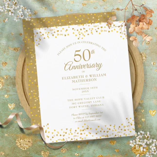 Budget 50th Anniversary Golden Hearts Invitation | Zazzle