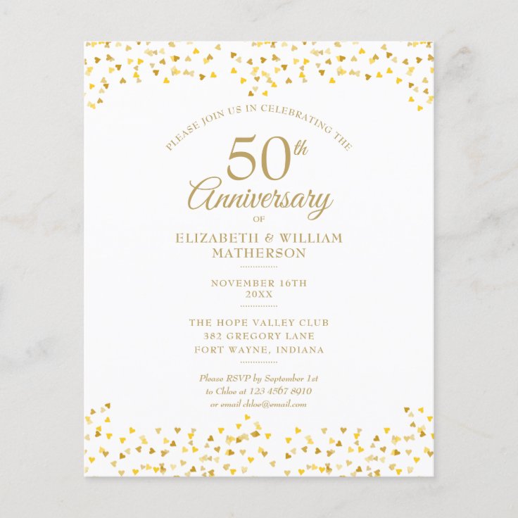 Budget 50th Anniversary Golden Hearts Invitation | Zazzle