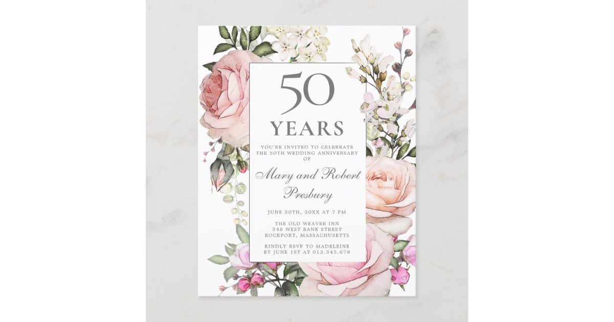 Budget 50th Anniversary Invitation Pink Floral | Zazzle