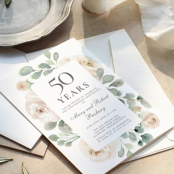 Budget 50th Anniversary Invitation White Floral by Celebrais at Zazzle