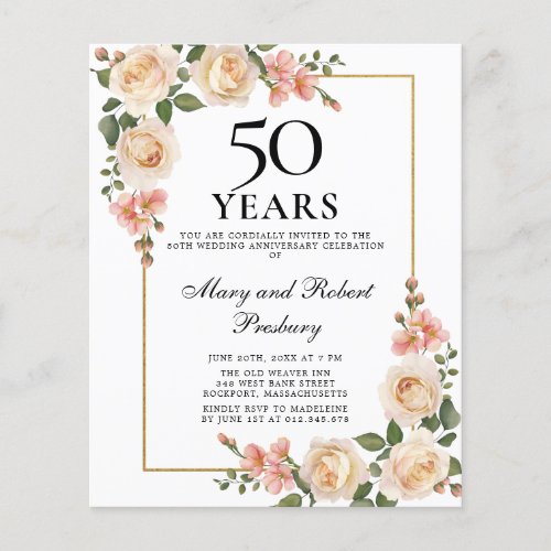 Budget 50th Anniversary Invite Ivory Rose Floral