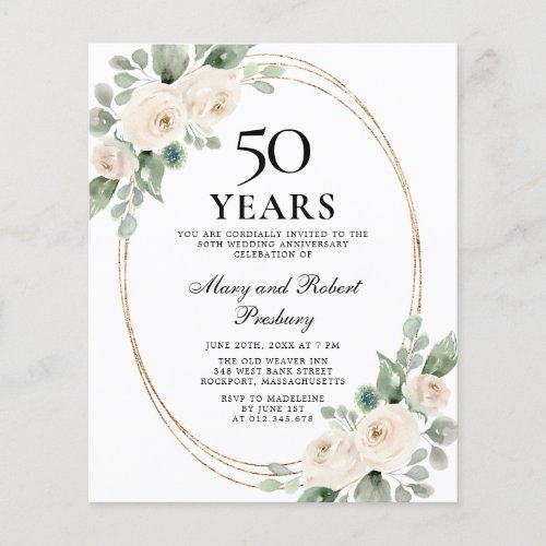 Budget 50th Anniversary Party White Floral Invite