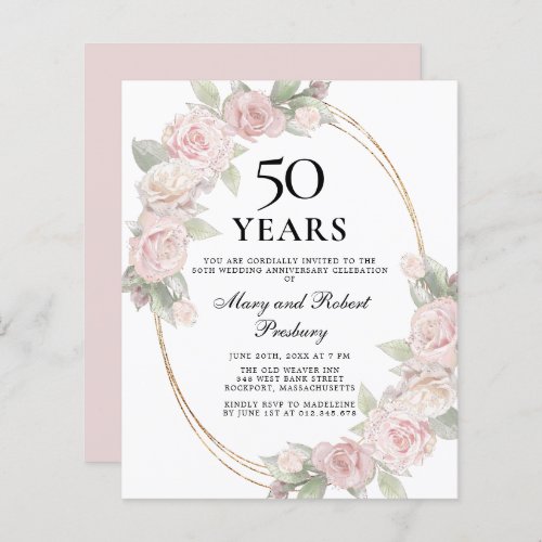 Budget 50th Anniversary Pink Floral Invitation