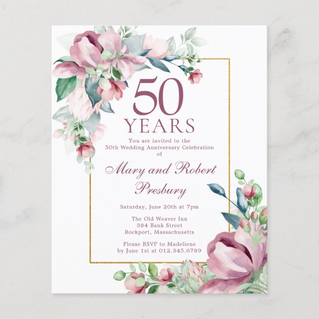 Budget 50th Anniversary Pink Floral Invitation (Front)