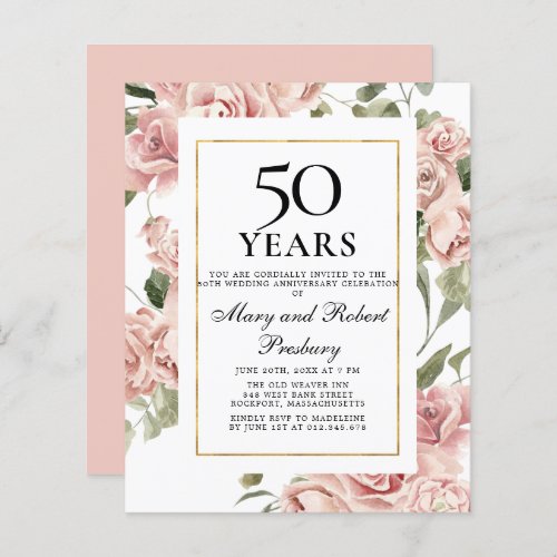 Budget 50th Anniversary Pink Floral Invitation