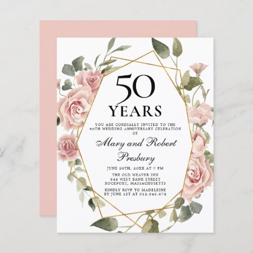Budget 50th Anniversary Pink Floral Invitation