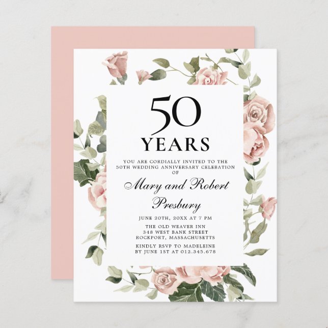 Budget 50th Anniversary Pink Floral Invitation (Front/Back)