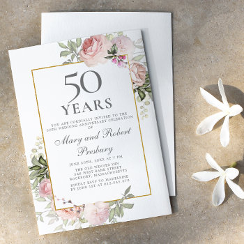 Budget 50th Anniversary Pink Floral Invitation by Celebrais at Zazzle