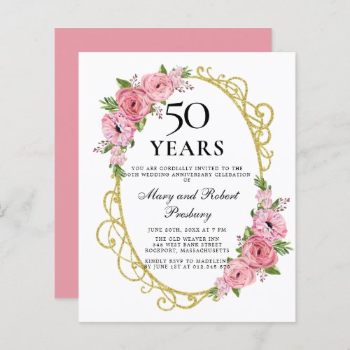 Budget 50th Anniversary Pink Floral Invitation