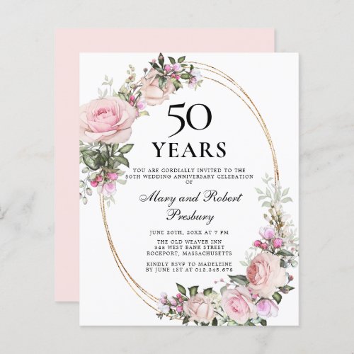 Budget 50th Anniversary Pink Floral Invitation