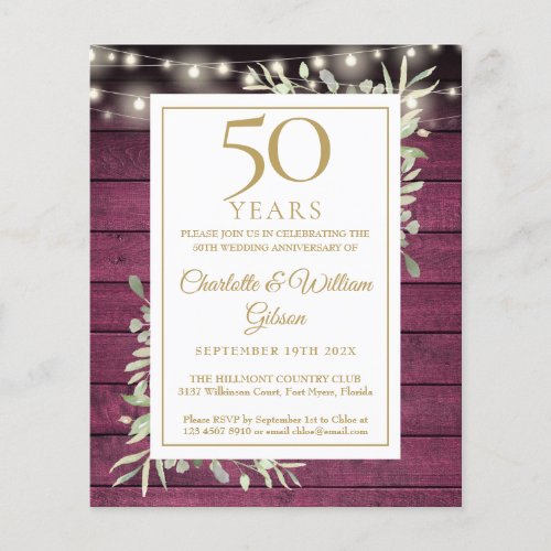 Budget 50th Anniversary Red Wood Floral Invitation