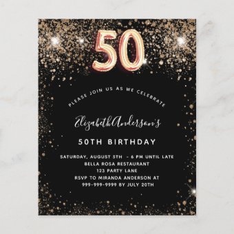 Budget 50th birthday black gold glitter invitation | Zazzle